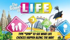 an advertisement for the game of life with various signs and symbols in front of it