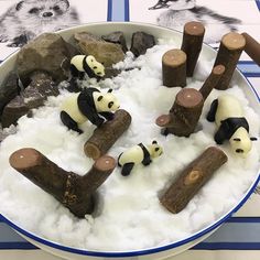 there are many small pandas in the bowl of snow and rocks on the table