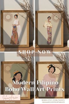 four different pictures of women in traditional chinese dress, with the text modern filipino boho wall art prints