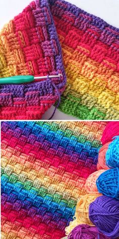 crocheted afghans with yarn in different colors