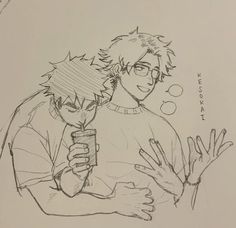 a drawing of two people holding something in their hands