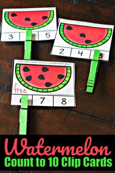 three watermelon counting cards on top of a wooden table with text overlay