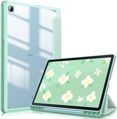 the back and side view of an ipad case with flowers painted on it, sitting next to each other