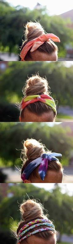 four different pictures of the same woman's head with various hair ties in her hair