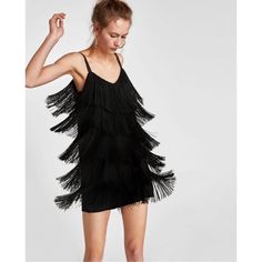 New With Tag Mini Dress With V Neck And Double Spaghetti Straps. Tonal Fringe Appliqu. Approximate Measurement Laying Flat Pit To Pit 17.5” Length 33” Outer Shell 69% Polyester 4% Elastane Embellishments 95% Acetate 5% Polyester Lining 100% Polyester 109 Black Fringe Dress, Zara Mini Dress, Fringe Mini Dress, Zara Gold, Dress Zara, Christmas Party Dress, Fringe Dress, Festival Dress, Gold Dress