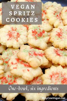 vegan spritz cookies with red and green sprinkles on top