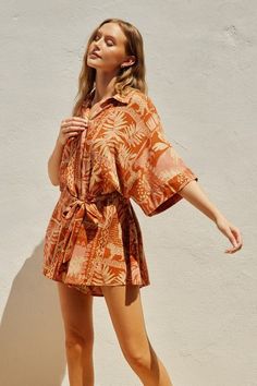 Sienna Rose Tropical Relaxed Romper - MISRED Feminine Tops For Summer Loungewear, Feminine Summer Tops For Loungewear, Summer Rayon Tops For Daywear, Beige Viscose Tops For Summer, Summer Rayon Tops For Loungewear, Pink Viscose Tops For Summer, Chic Tops For Warm Weather, Casual Tops For Resort Season Day Out, Beach Viscose Tops