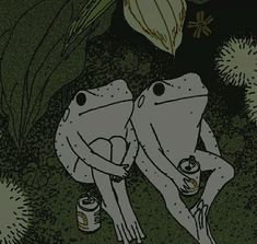 two frogs sitting next to each other with cans in front of them and plants behind them