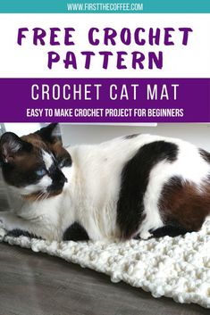 a black and white cat laying on top of a crochet mat with the text free crochet pattern