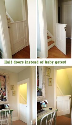 three pictures of the inside of a house with stairs and baby gates in it's doorway