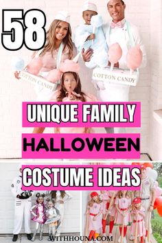 halloween costumes for adults and children with text overlay that reads, unique family halloween costume ideas