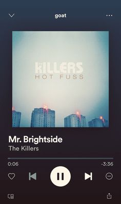 an mp3 player with the words mr brightside on it's screen and some buildings in the background