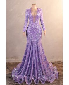 Get 10% off now! Buy sparkly illusion deep vneck long sleeved purple bodycon prom dress at wholesale price online. Free shipping and pro custom service since 2009. Purple Prom Dresses With Sleeves, Purple Prom Dress Long, Bodycon Prom Dress, Pink Purple Dress, Purple Bodycon, Delicate Gown, Wedding Flower Packages, Purple Gowns, Purple Prom Dress