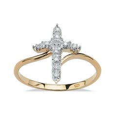 PalmBeach Jewelry exclusive. The brilliant sparkle of diamond accents updates this traditional cross ring, giving it a fashion-forward look. An elegant expression of your faith rendered in 18k gold-plated or platinum-plated sterling silver. 47022RNG Size: 8.  Color: White.  Gender: female.  Age Group: adult. 18k Gold Ring, Diamond Cross, Cross Ring, Charm Rings, Style Classic, Silver Diamonds, Gold Plated Sterling Silver, Womens Jewelry Rings, White Diamond