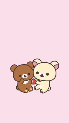 two brown and white teddy bears holding each other's paws on a pink background