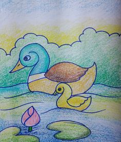 a drawing of two ducks in the water