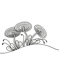 a black and white drawing of three flowers on top of a hill with swirls