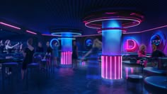 a group of people sitting at tables in a room with neon lights on the walls