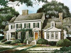 this is an artist's rendering of the house in which there are trees and bushes