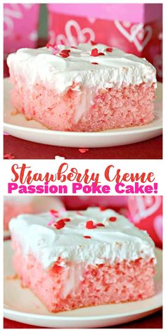 strawberry creme passion poke cake with white frosting and sprinkles on top