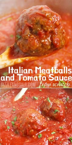 meatballs and tomato sauce in a pot with a ladle scooping out from it