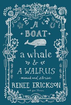 a boat and whale are drawn in white on a blue background with an ornate frame