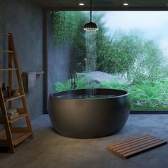 a large bathtub sitting in the middle of a bathroom next to a wooden ladder