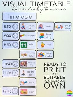 a poster with the words visual time table and instructions to print them out on it