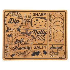 a wooden cutting board with different types of food on it