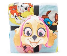 two children's blankets with cartoon characters on them, one has a dog and the other has a cat