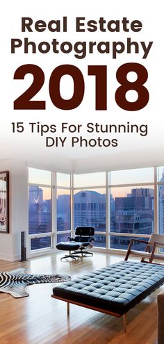 the real estate photography guide is featured in this photo book, which features an image of a living room with large windows