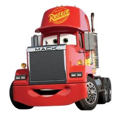 a red truck with the words mack on it's front end and face painted to look like lightning from disney pixama