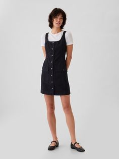 Utility Button Mini Dress Floral Button Up Dress, Black Pinafore Dress Outfit, Vietnam Fits, Black Pinafore Dress, Nyc September, Black Pinafore, Accessories Board, Above Knee Dress, Brittany Murphy