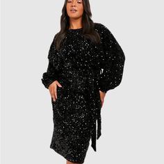 Boohoo Black Sequin Dress. Never Worn Boohoo Dresses, Black Sequin Dress, Blush Makeup, Dresses Black, Fit N Flare Dress, Black Sequins, Sequin Dress, Fit & Flare, Flare Dress