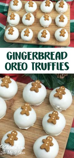 gingerbread oreo truffles with white frosting and gold bows on them