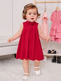 Baby Girl Bow Front Laser Cut Out Scallop Trim Dress Red   Sleeveless Woven Fabric Plain Smock Non-Stretch  Baby Girls Clothing, size features are:Bust: ,Length: ,Sleeve Length: Simple Red Dress, Mother Daughter Date Ideas, Pink Baby Dress, Christmas Dress Baby, Baptism Outfit, Scallop Trim, Trim Dress, Girls Bows