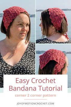 a woman wearing a crochet headband with the words easy crochet bandana