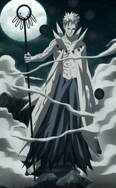 an anime character standing in front of a full moon and holding a sception