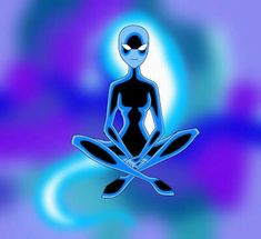 an alien sitting in the middle of a yoga pose with her legs crossed and eyes closed