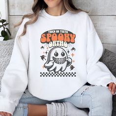 Orthodontics Halloween Sweatshirt, Trick or Teeth Shirt, Orthodontist Sweatshirt, Spooky Ortho, Pediatric Orthodontist, Halloween Dental Trendy White Halloween Sweatshirt, White Graphic Print Sweatshirt For Halloween, Spooky Graphic Print Sweatshirt For Streetwear, Halloween Elements, Retro Text, Halloween Spirit, A Ghost, Halloween Sweatshirt, Halloween Season