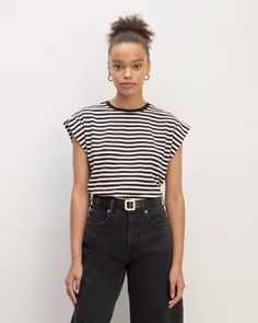 The Organic Cotton Muscle Tee Bone / Black – Everlane Women Muscle Tee Outfit, Sporty Boxy Fit Tops For Layering, Oversized Casual Muscle Tee For Spring, Black Short Sleeve Muscle Tee For Spring, Casual Boxy Fit Workwear Tops, Versatile Crew Neck Muscle Tee For Everyday, Black Relaxed Fit Muscle Tee For Everyday, Casual Crew Neck Muscle Tee For Layering, Trendy Tops With Relaxed Fit And Cap Sleeve