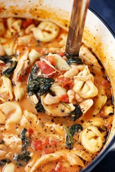 a pot filled with pasta and spinach soup