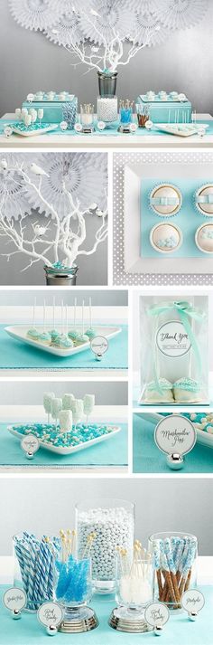 a collage of photos with blue and white decorations