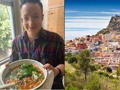 a man is holding a bowl of soup in front of a scenic cityscape