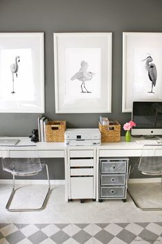 two framed birds sit on the wall above a computer desk with drawers and baskets in front of it