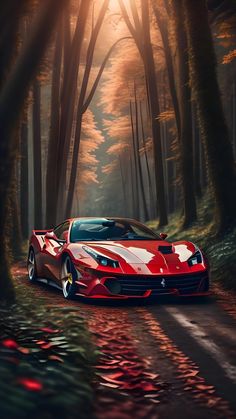 a red and white sports car driving down a forest road