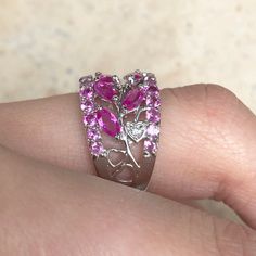 Sterling Silver cubic zirconia pink + clear translucent wide cigar filigree band ring. Bright, lively color on a statement cigar band. Size 6 Weight: 5g Width: 11mm Tapered back Wide Rings, Filigree Ring, Band Ring, Band Rings, Heart Ring, Cubic Zirconia, Size 6, Band, Sterling Silver