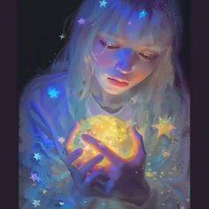 a girl holding a glowing ball in her hands with stars all over the space around her