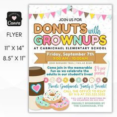 this is an image of a flyer for donuts with grown ups at carriage elementary school