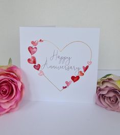 Happy Anniversary Heart Card - Blossom Tree Party Watercolor Anniversary Card, Diy Anniversary Cards, Saint Valentin Diy, Anniversary Cards For Him, Anniversary Cards Handmade, Watercolor Birthday Cards, Calligraphy Cards, Birthday Card Drawing